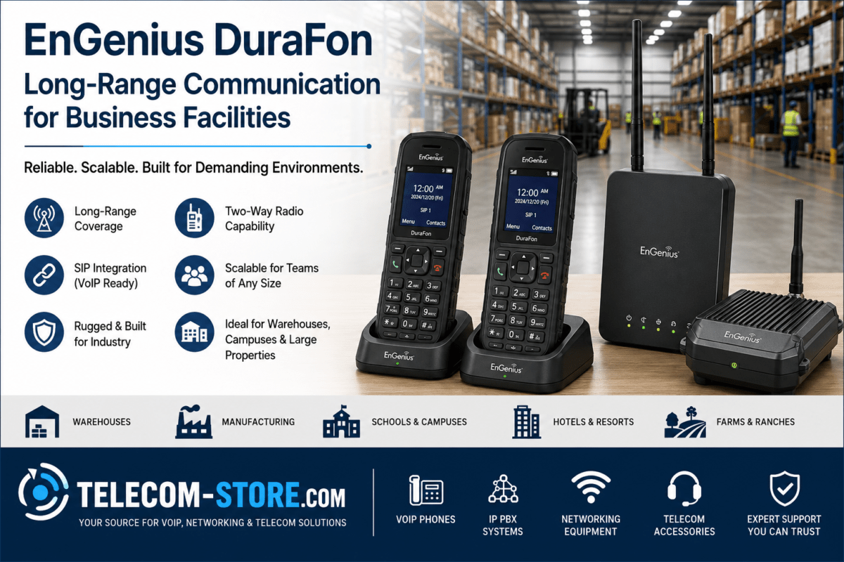 EnGenius DuraFon long-range cordless phone system featuring SIP handsets, base station, and repeater equipment in a warehouse environment with Telecom-Store.com branding for business and industrial communications.