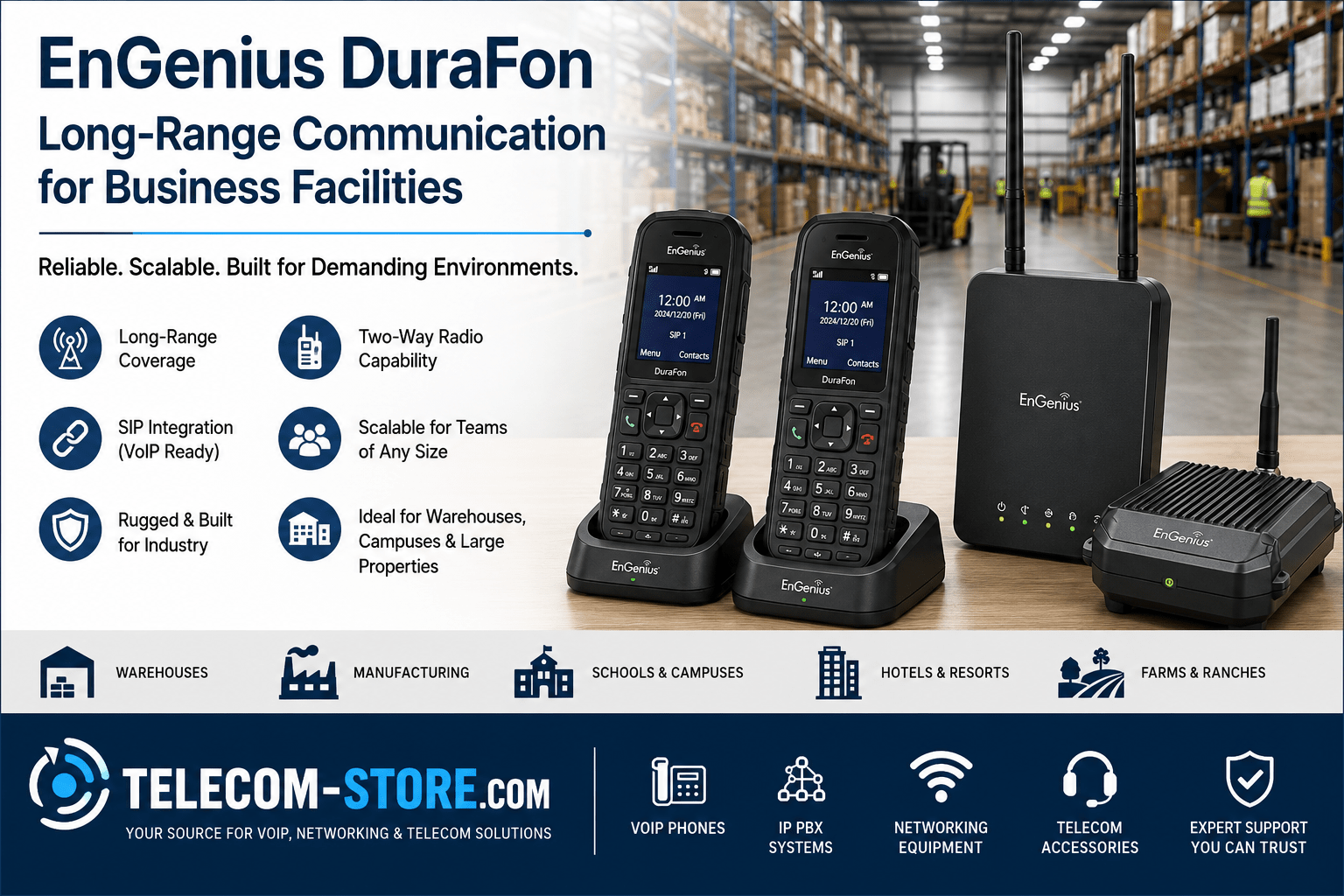EnGenius DuraFon long-range cordless phone system featuring SIP handsets, base station, and repeater equipment in a warehouse environment with Telecom-Store.com branding for business and industrial communications.