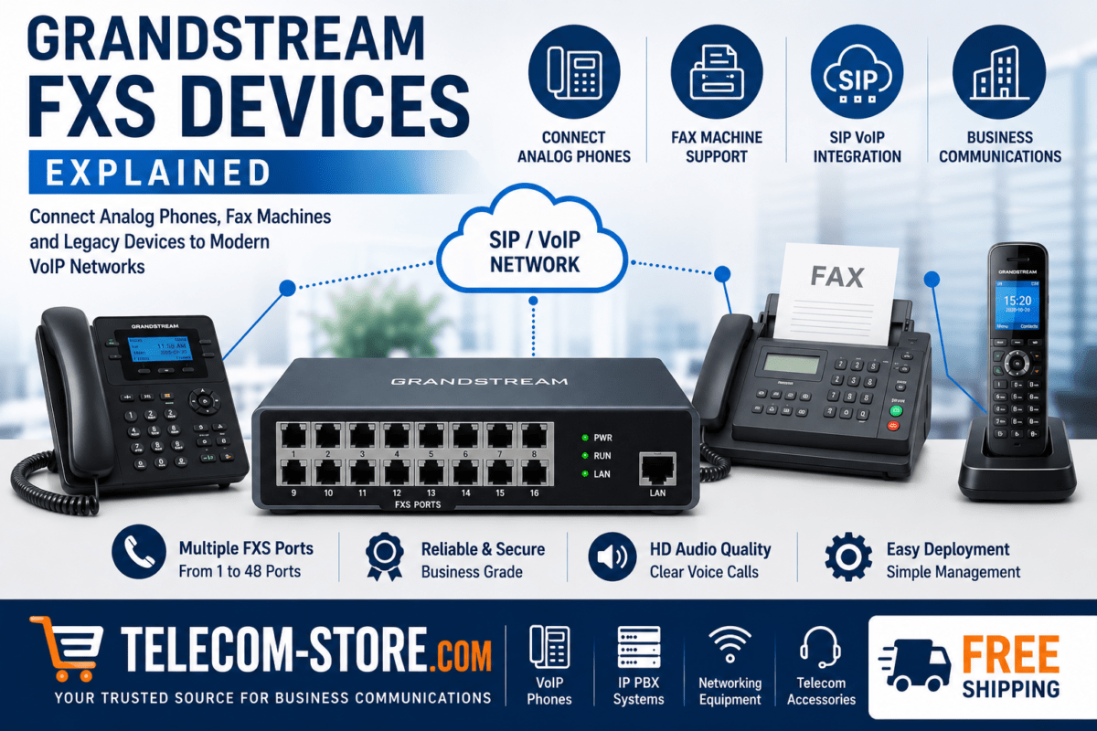 Grandstream FXS devices infographic showing an FXS gateway connecting analog telephones, fax machines, and legacy communication devices to a SIP VoIP network. The image highlights analog phone integration, fax machine support, SIP VoIP connectivity, business communications, multiple FXS port options, HD audio quality, secure deployment, and simple management. Telecom-Store.com branding promotes VoIP phones, IP PBX systems, networking equipment, telecom accessories, and FREE Shipping.