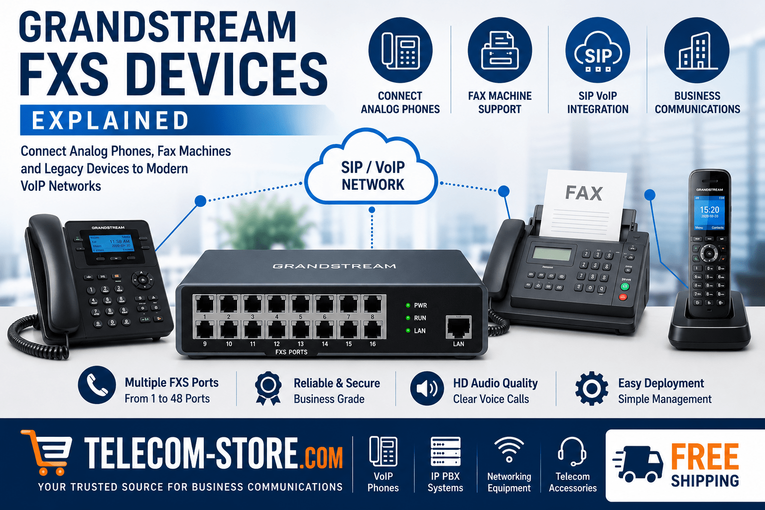 Grandstream FXS devices infographic showing an FXS gateway connecting analog telephones, fax machines, and legacy communication devices to a SIP VoIP network. The image highlights analog phone integration, fax machine support, SIP VoIP connectivity, business communications, multiple FXS port options, HD audio quality, secure deployment, and simple management. Telecom-Store.com branding promotes VoIP phones, IP PBX systems, networking equipment, telecom accessories, and FREE Shipping.