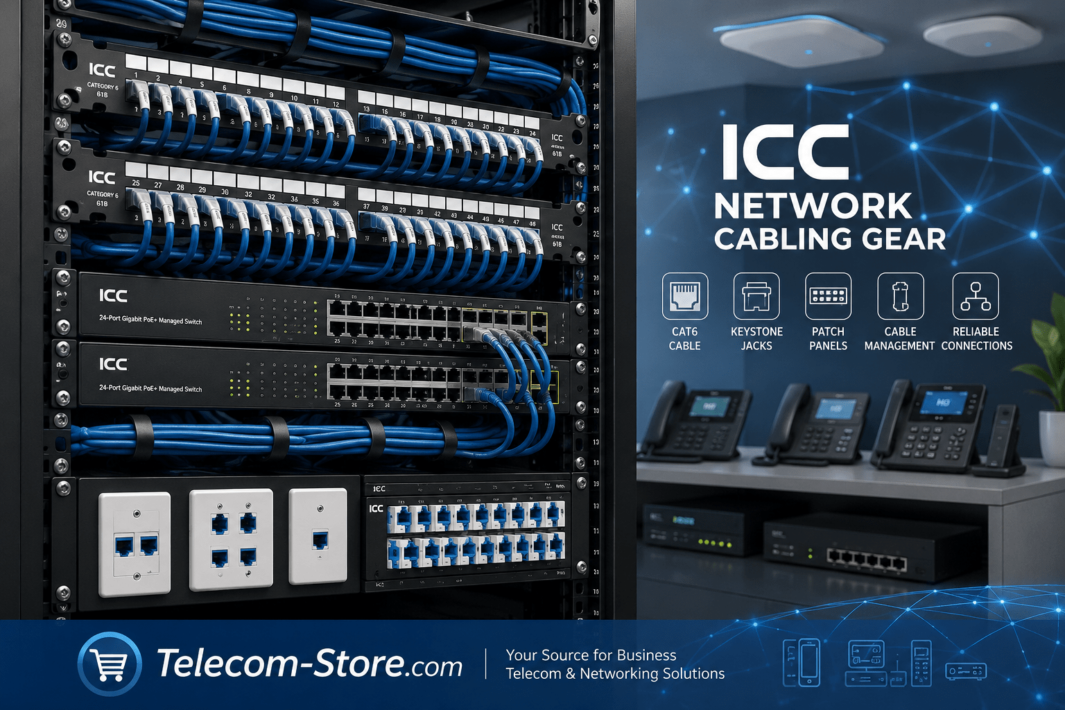 ICC Cat6 structured cabling installation with patch panel and managed network switch