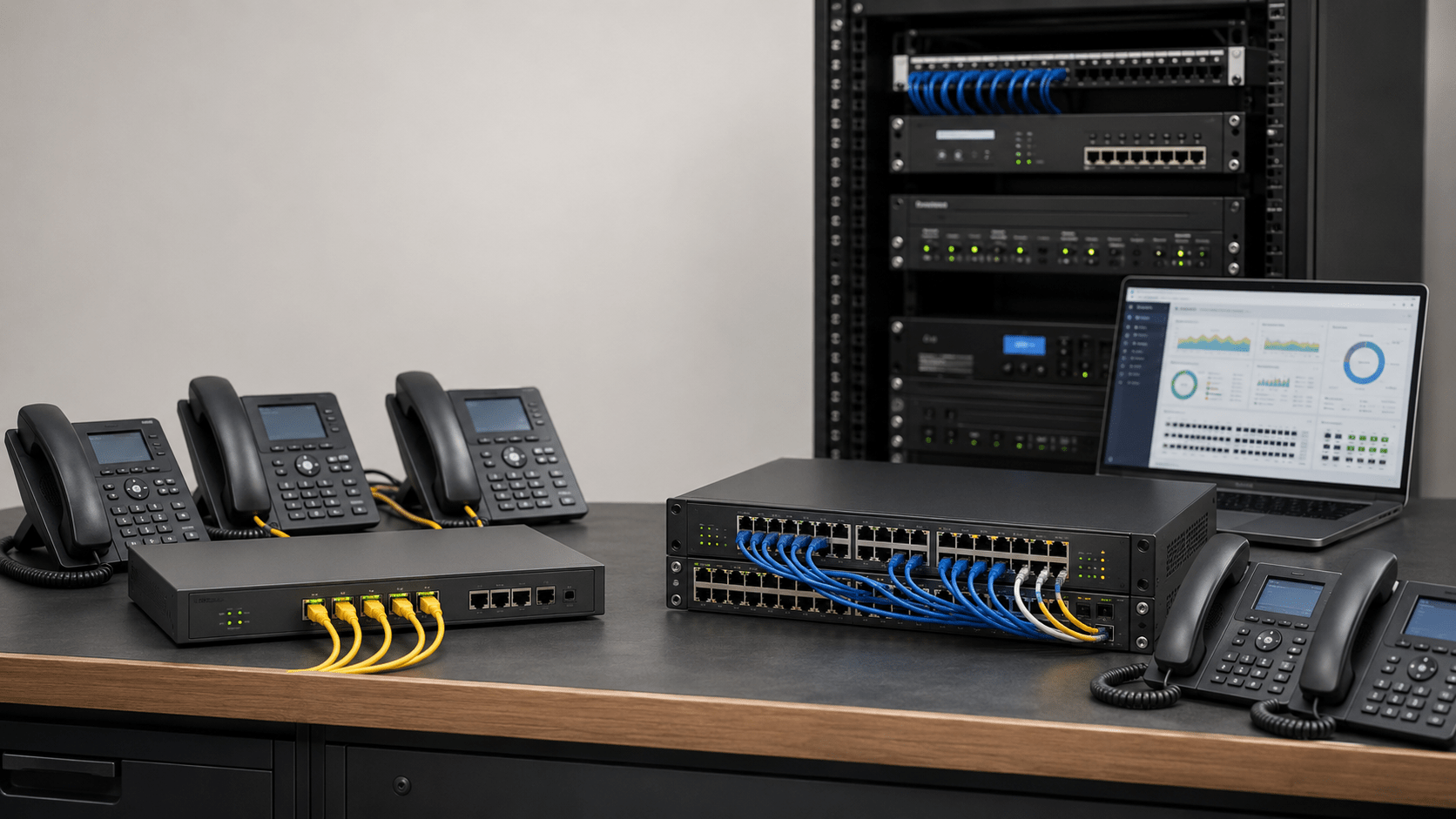Managed and unmanaged PoE network switches compared with business VoIP phones connected by Ethernet.