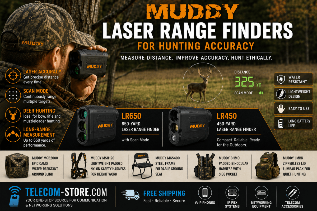 Muddy laser range finders infographic featuring a hunter using a laser rangefinder to measure distance to a whitetail deer in a wooded hunting environment. The image highlights hunting laser rangefinders, laser accuracy, scan mode, long-range measurement capabilities, water-resistant construction, lightweight design, and deer hunting applications. Featured Muddy hunting gear includes the LR650 and LR450 rangefinders, a ground blind, safety harness, foldable hunting seat, binocular harness, and lumbar pack. A Telecom-Store.com banner promotes FREE Shipping, VoIP phones, IP PBX systems, networking equipment, and telecom accessories.