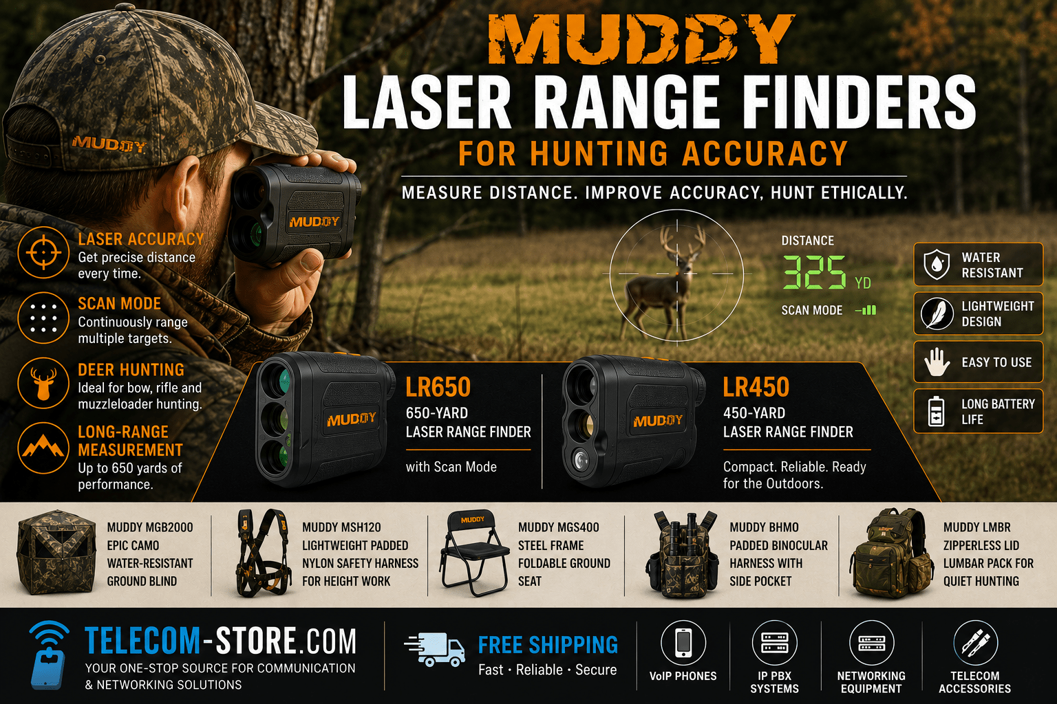 Muddy laser range finders infographic featuring a hunter using a laser rangefinder to measure distance to a whitetail deer in a wooded hunting environment. The image highlights hunting laser rangefinders, laser accuracy, scan mode, long-range measurement capabilities, water-resistant construction, lightweight design, and deer hunting applications. Featured Muddy hunting gear includes the LR650 and LR450 rangefinders, a ground blind, safety harness, foldable hunting seat, binocular harness, and lumbar pack. A Telecom-Store.com banner promotes FREE Shipping, VoIP phones, IP PBX systems, networking equipment, and telecom accessories.