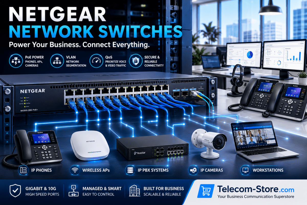 Netgear managed network switch powering business VoIP phones