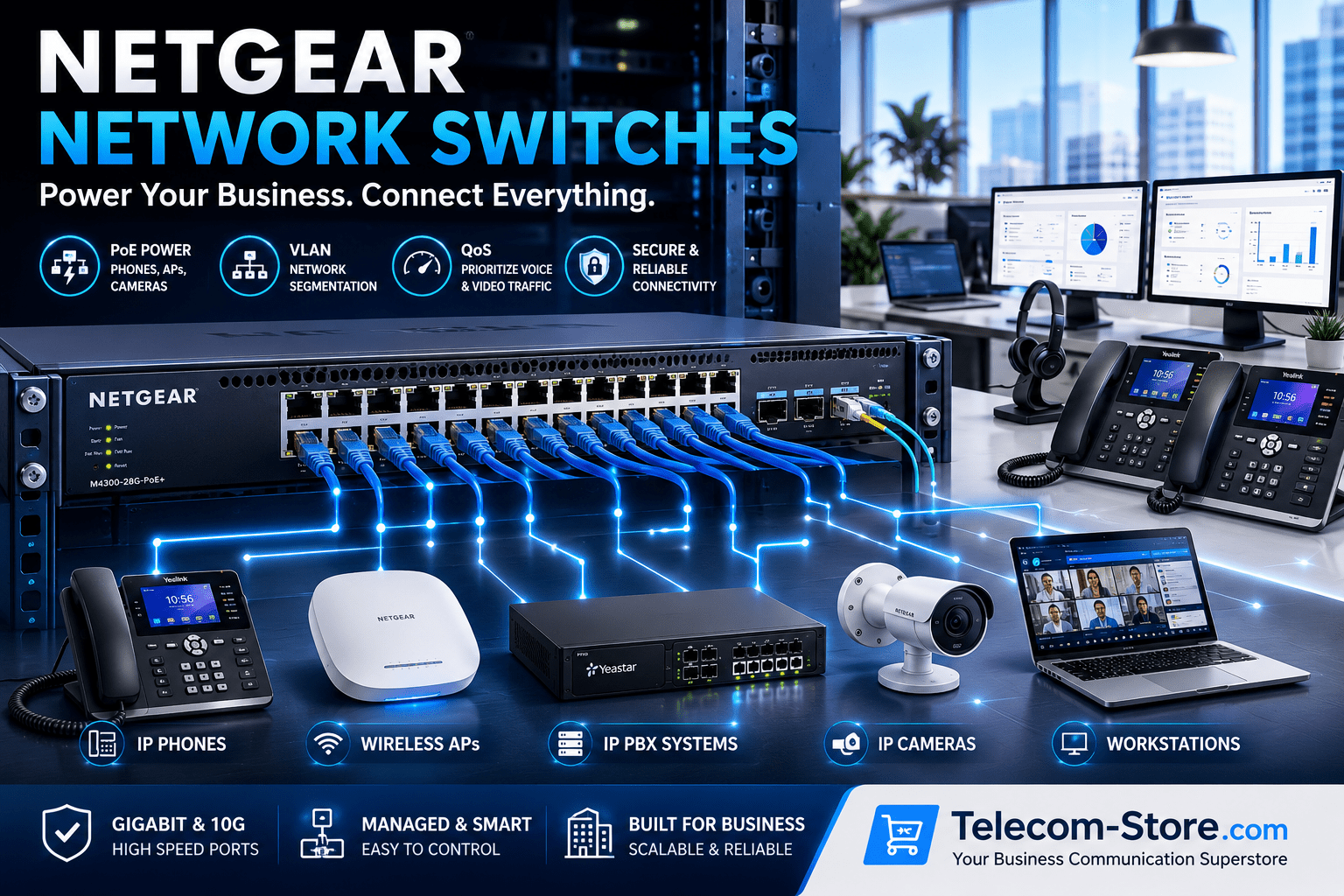 Netgear managed network switch powering business VoIP phones