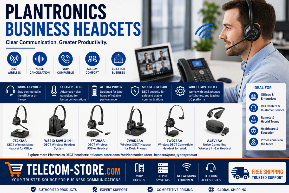Plantronics business headsets displayed in a professional office environment featuring DECT wireless technology, noise cancellation, VoIP compatibility, all-day comfort, and business communication solutions. The infographic showcases wireless headset models for desk phones, softphones, Microsoft Teams, Zoom, remote work, call centers, healthcare, and enterprise environments. Telecom-Store.com branding highlights VoIP phones, IP PBX systems, networking equipment, telecom accessories, FREE Shipping, trusted support, competitive pricing, and authorized products.
