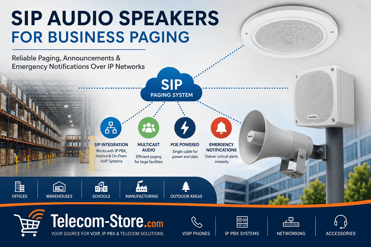 SIP audio speakers for business paging infographic featuring ceiling speakers, wall-mounted speakers, and outdoor horn speakers connected to a SIP paging system. The image highlights SIP integration, multicast audio, PoE-powered deployment, emergency notifications, warehouse paging, overhead paging systems, network audio paging, and VoIP communication solutions for offices, schools, manufacturing facilities, warehouses, and outdoor areas. Telecom-Store.com branding promotes VoIP phones, IP PBX systems, networking equipment, and telecom accessories.