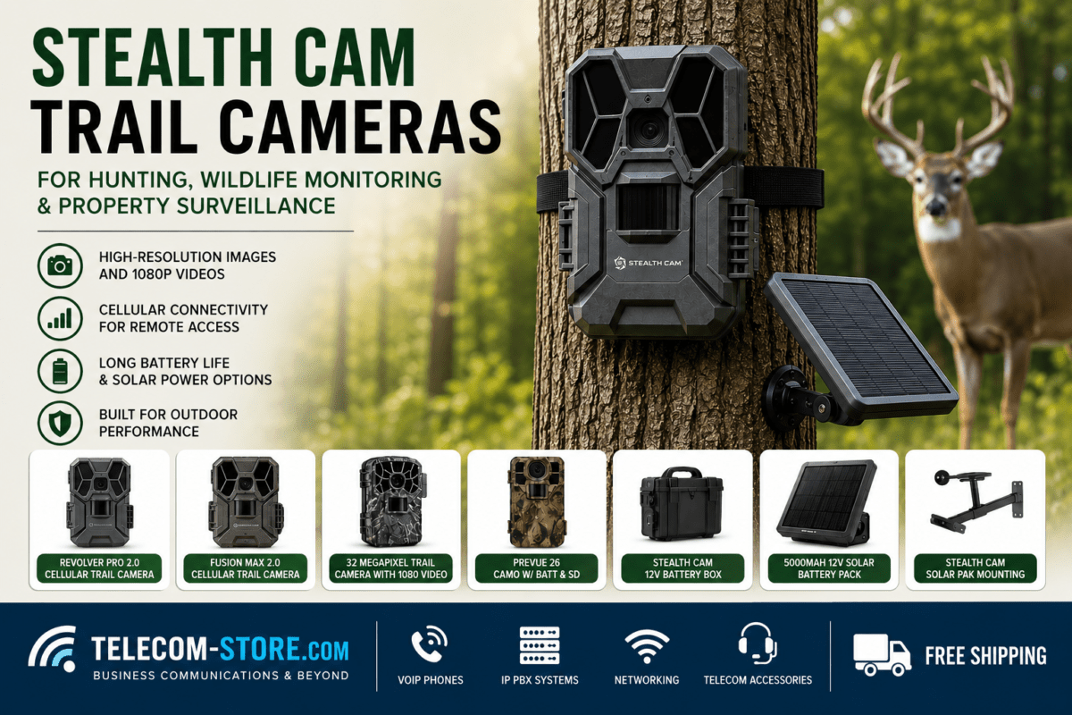 Stealth Cam trail cameras and accessories displayed in a forest setting with a cellular game camera mounted on a tree, solar charging panel, wildlife monitoring features, and Telecom-Store.com branding for hunting, remote wildlife monitoring, and outdoor property surveillance.