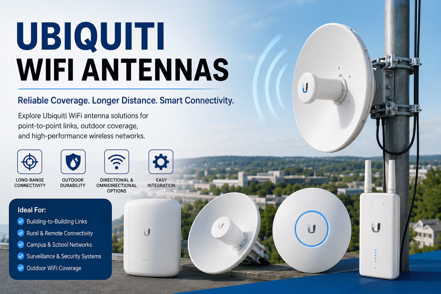 Ubiquiti WiFi antennas and outdoor wireless networking equipment for long-range point-to-point links, business WiFi coverage, and enterprise wireless network deployments.