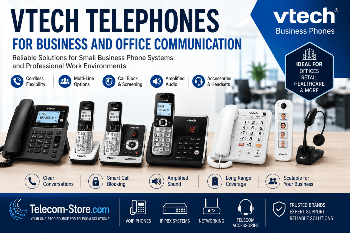 VTech telephones for business and office communication featuring cordless handsets, multi-line phone systems, amplified phones, call blocking technology, office headsets, and Telecom-Store.com branding for small business communication solutions.