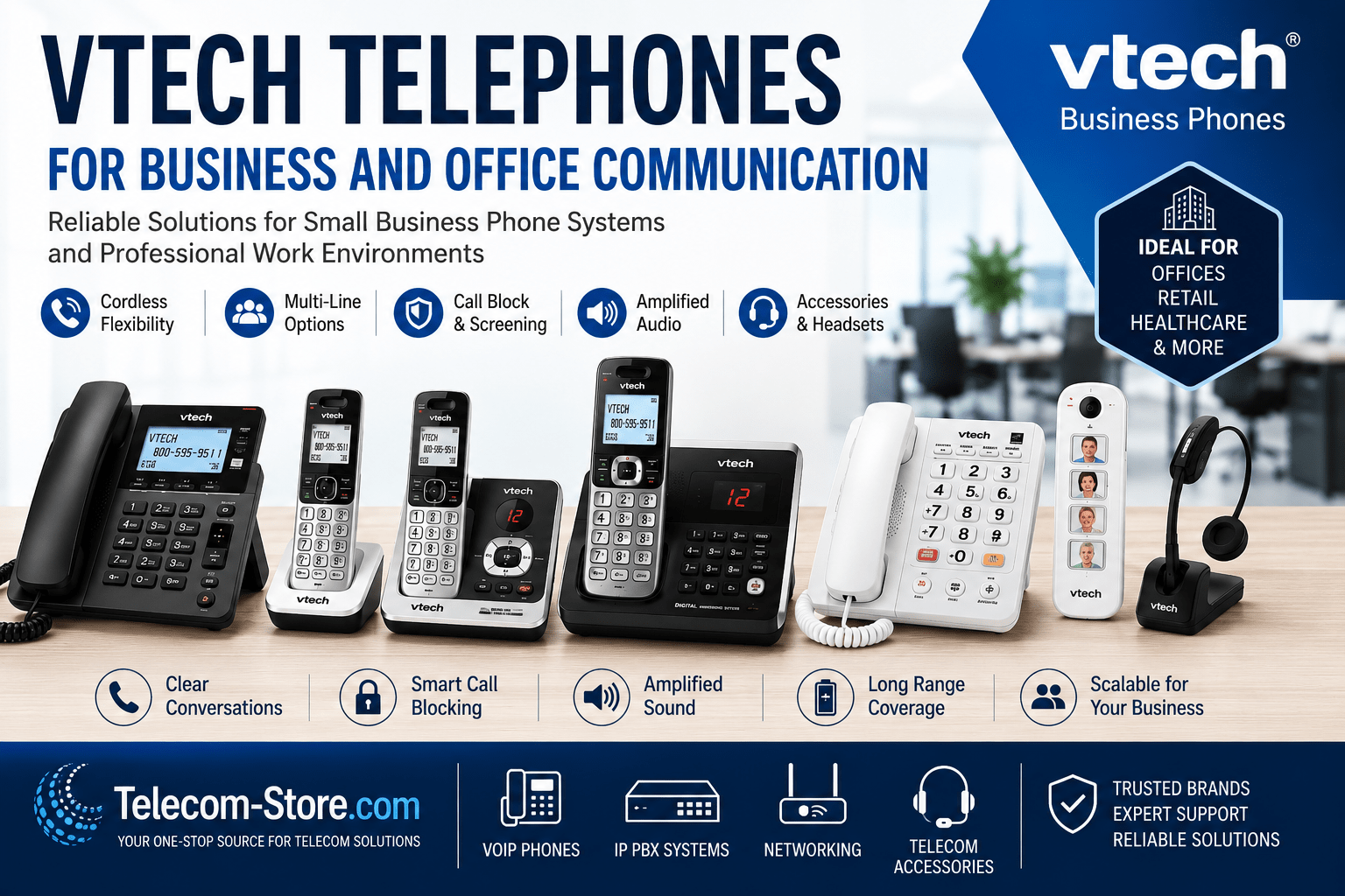 VTech telephones for business and office communication featuring cordless handsets, multi-line phone systems, amplified phones, call blocking technology, office headsets, and Telecom-Store.com branding for small business communication solutions.