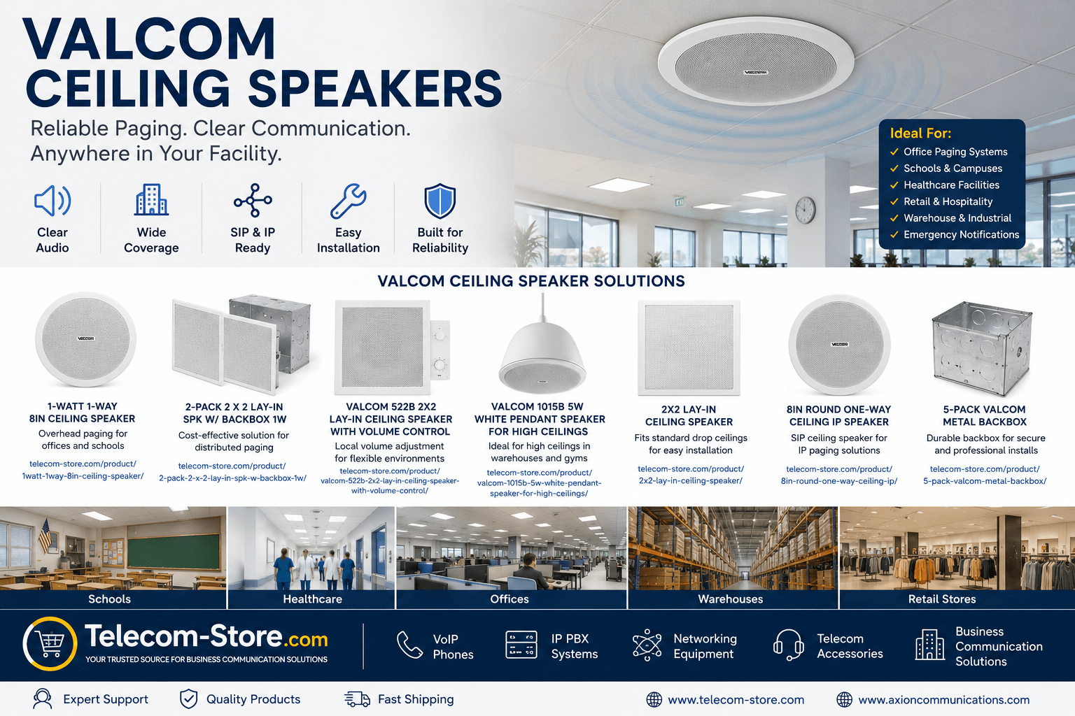 Valcom ceiling speakers installed in commercial facilities, featuring SIP ceiling speakers, lay-in paging speakers, pendant speakers, and IP paging solutions for offices, schools, healthcare facilities, warehouses, and retail environments, with Telecom-Store.com branding for business communication systems.