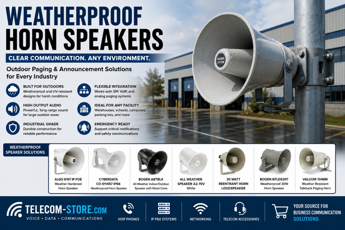Weatherproof horn speakers for outdoor paging systems mounted at a commercial facility, featuring IP horn speakers, industrial paging speakers, high-output announcement systems, and Telecom-Store.com branding for warehouse, campus, and emergency communication applications.