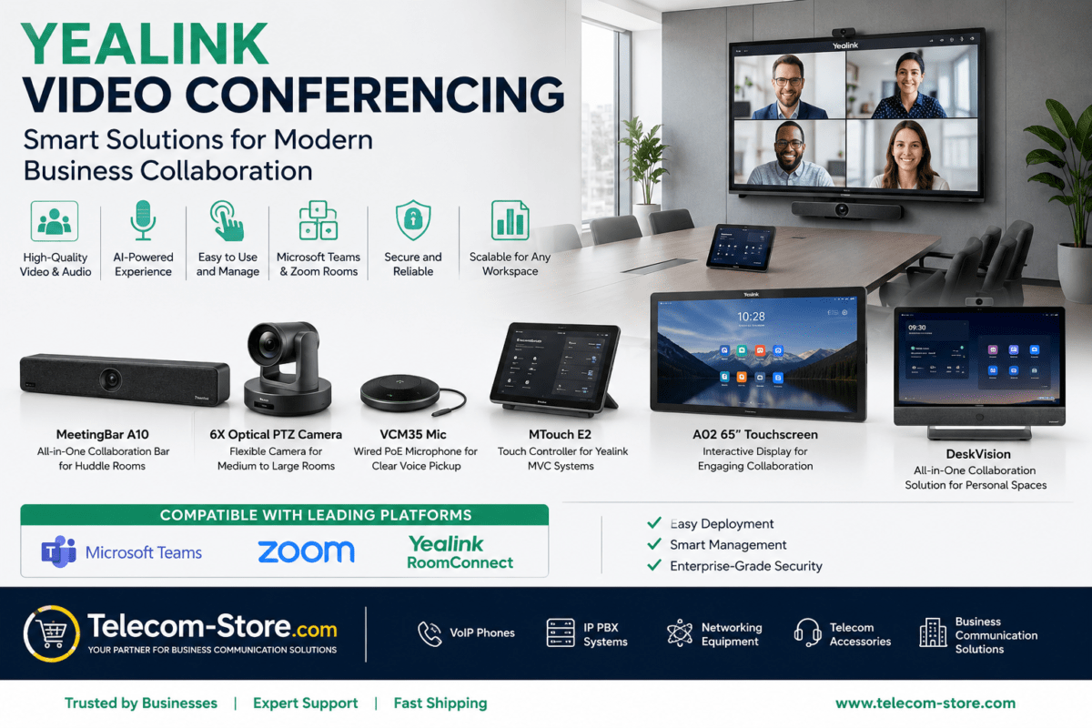 Yealink video conferencing system in a modern conference room featuring a MeetingBar, PTZ conference camera, touchscreen collaboration display, tabletop microphone, Microsoft Teams Rooms and Zoom Rooms compatibility, and Telecom-Store.com branding for business communication solutions.