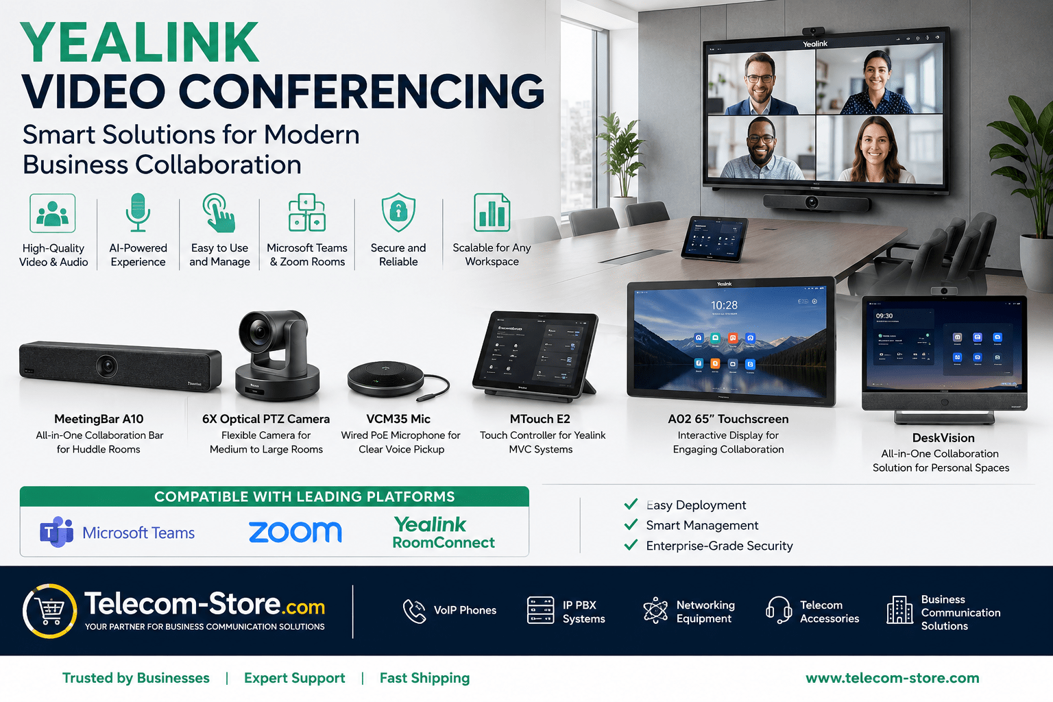 Yealink video conferencing system in a modern conference room featuring a MeetingBar, PTZ conference camera, touchscreen collaboration display, tabletop microphone, Microsoft Teams Rooms and Zoom Rooms compatibility, and Telecom-Store.com branding for business communication solutions.
