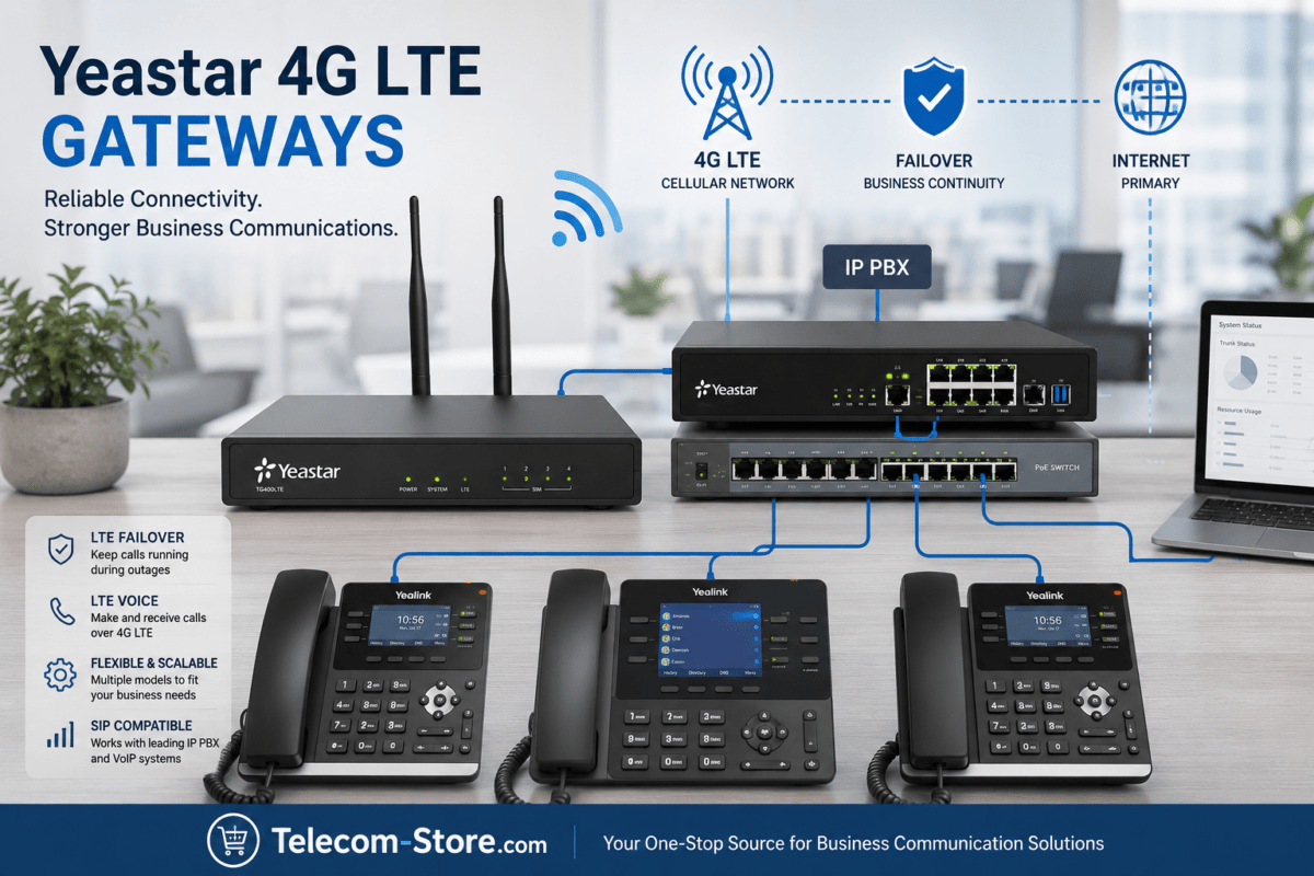 Yeastar 4G LTE Gateway connected to an IP PBX, VoIP phones, and a network switch, illustrating LTE failover and reliable business communications in a modern office environment.