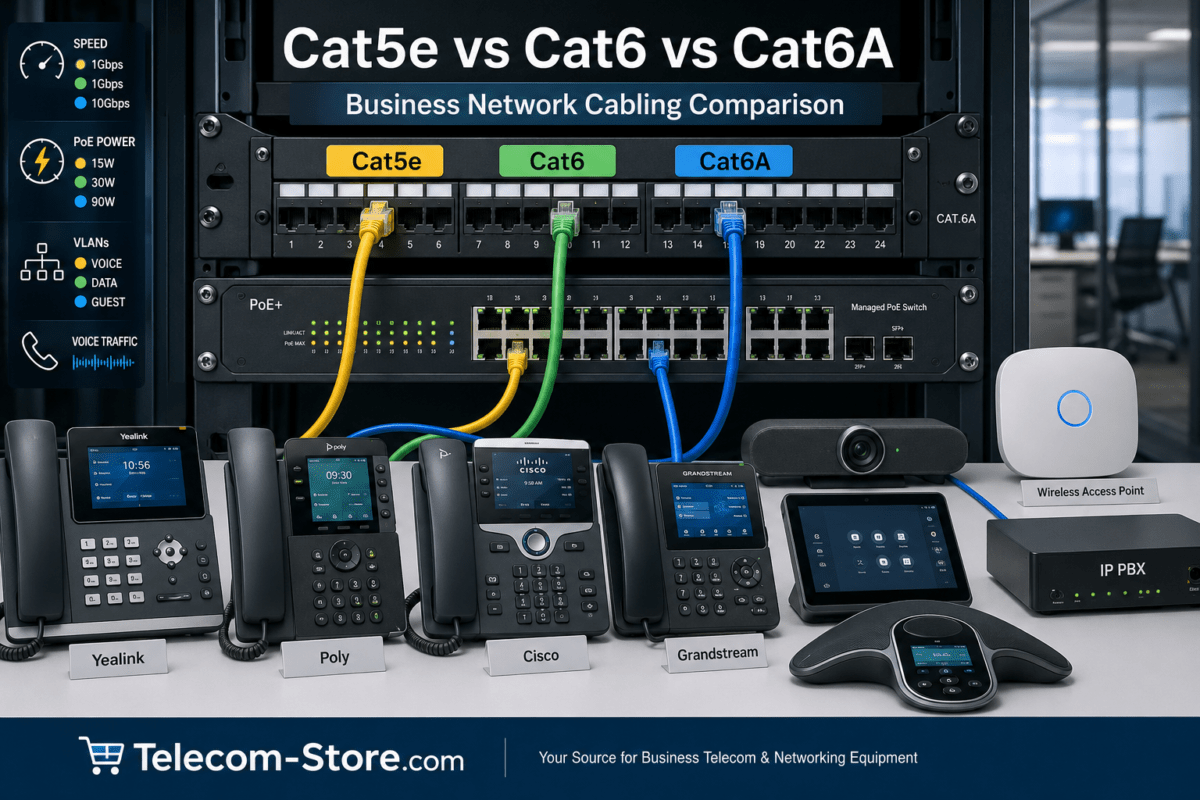 Cat5e, Cat6, and Cat6A business network cables connected to a managed switch
