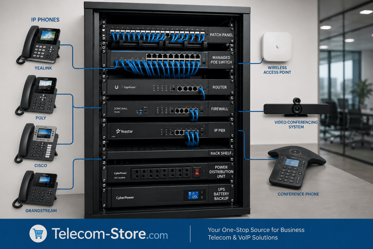 Organized business network rack with managed PoE switch, patch panel, router, firewall, IP PBX, UPS backup, and connected VoIP phones.
