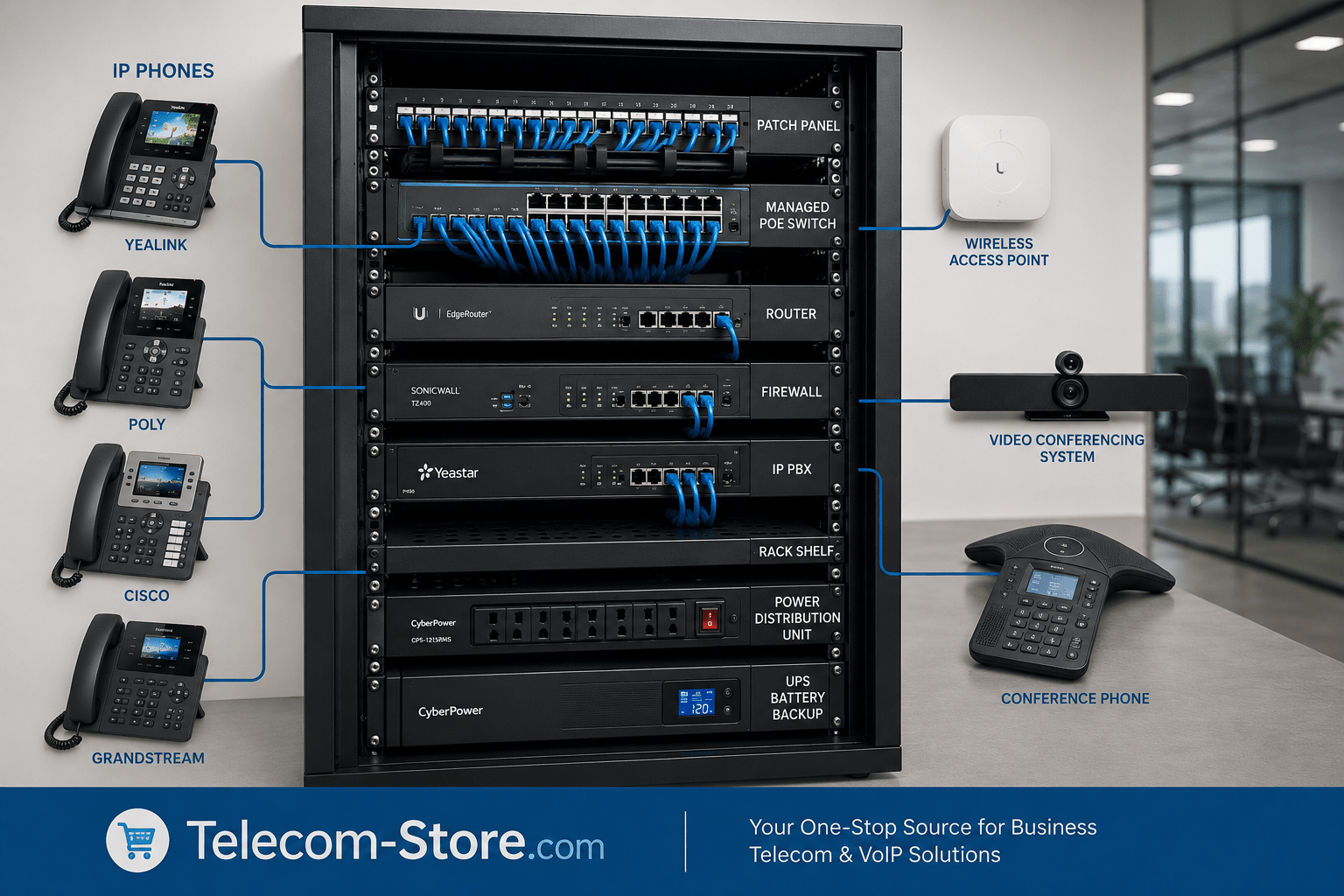 Organized business network rack with managed PoE switch, patch panel, router, firewall, IP PBX, UPS backup, and connected VoIP phones.