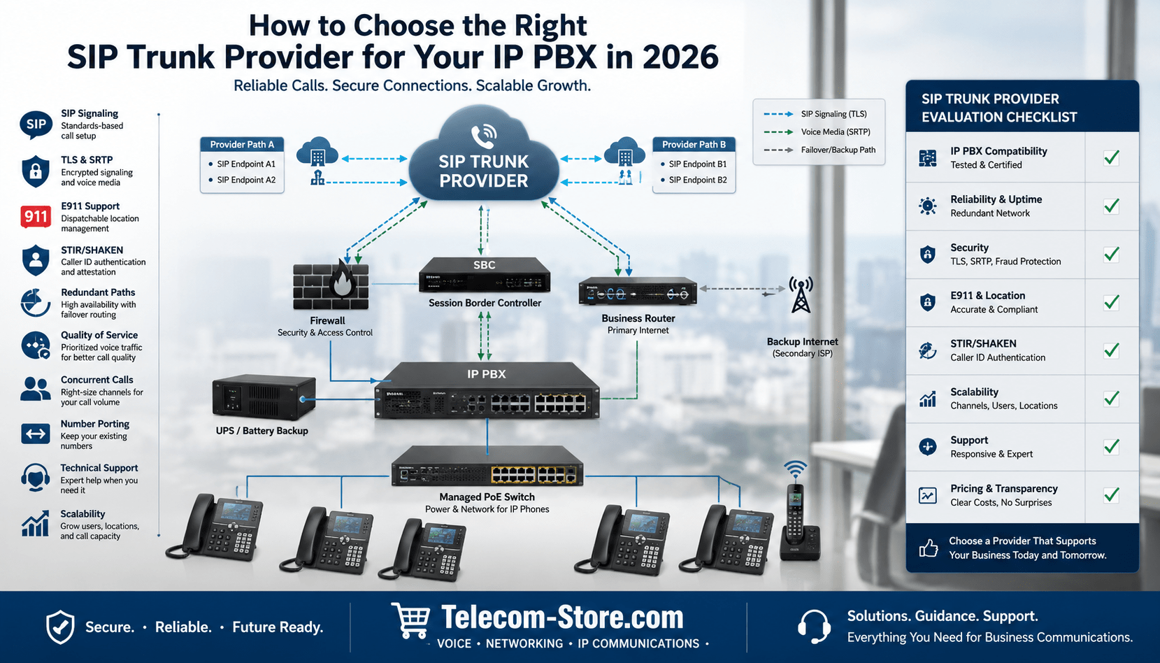 IP PBX connected to a secure SIP trunk provider through a managed PoE switch, firewall, router, SBC, and redundant business internet connections.