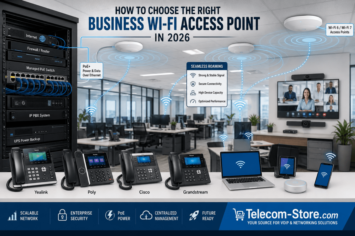 Modern business office network with ceiling-mounted Wi-Fi 6 and Wi-Fi 7 access points, managed PoE switch, IP PBX, VoIP phones, video conferencing system, and secure wireless coverage graphics.
