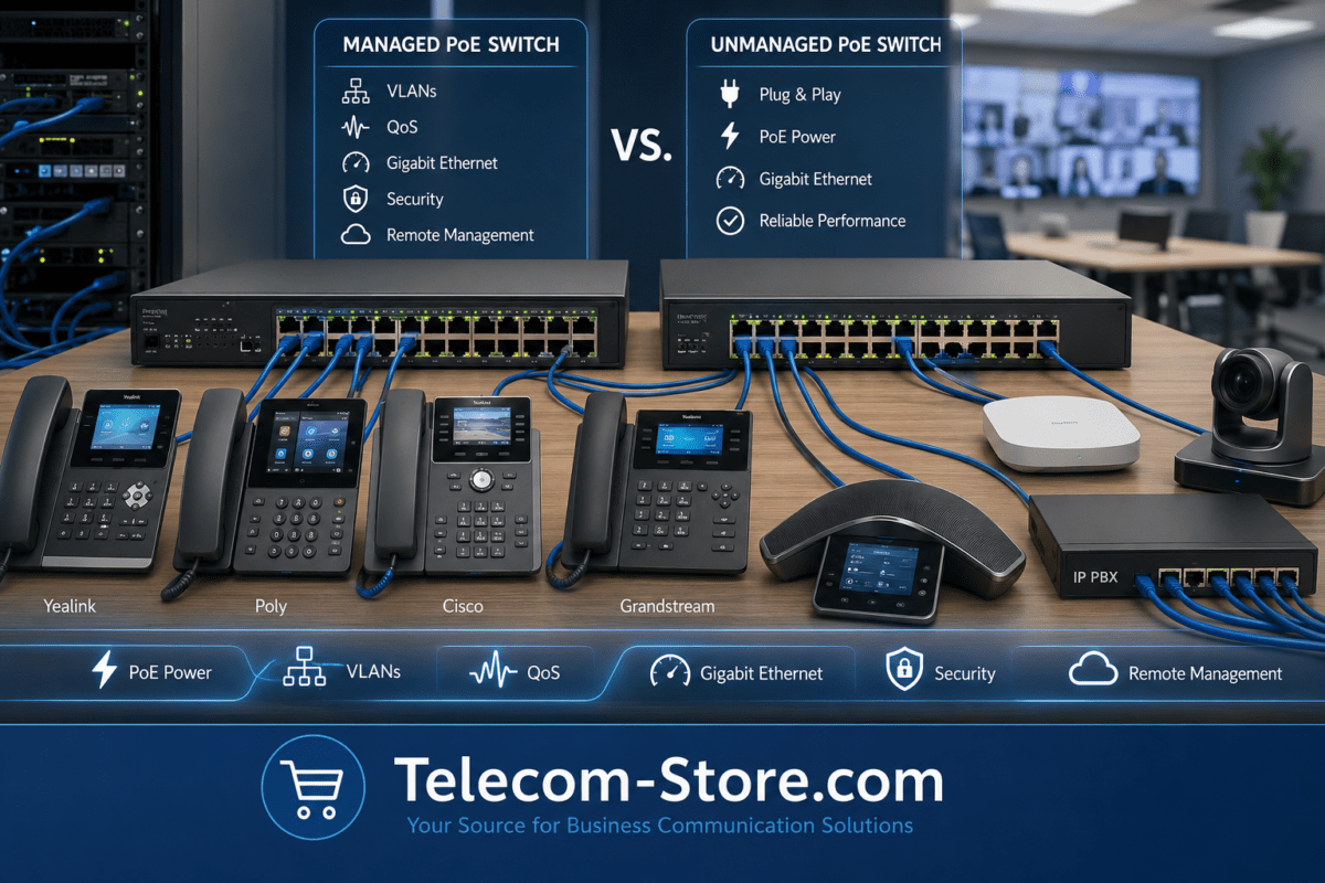 Managed PoE switch connected to VoIP phones in a business network