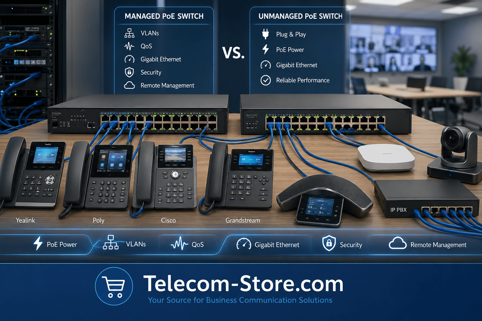 Managed PoE switch connected to VoIP phones in a business network