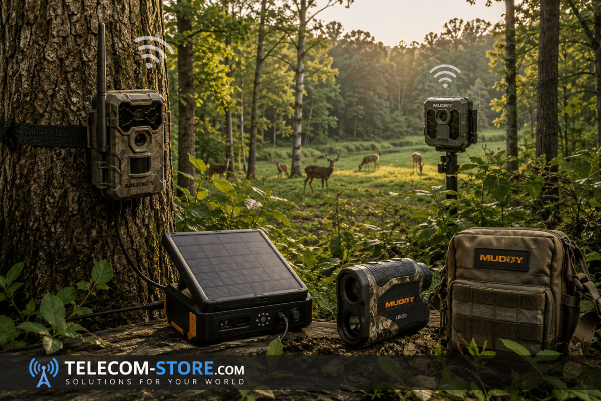 Muddy wildlife management electronics with cellular trail cameras and outdoor accessories
