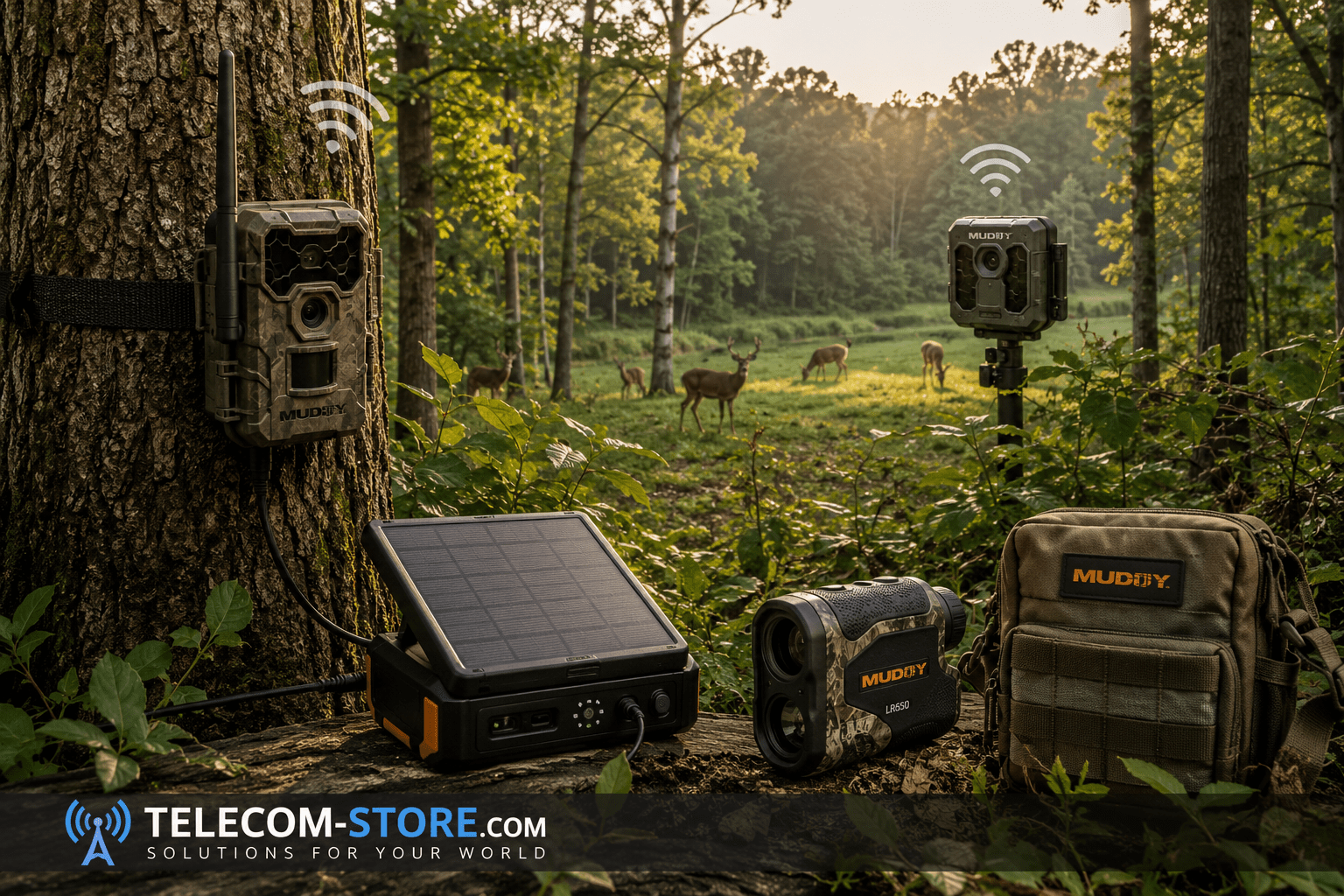 Muddy wildlife management electronics with cellular trail cameras and outdoor accessories