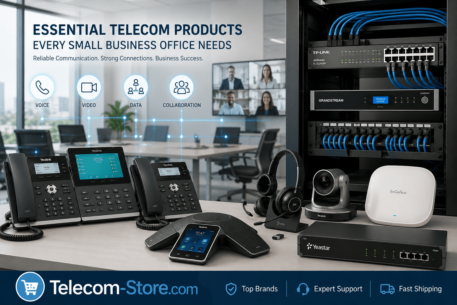 Modern small business office featuring VoIP desk phones, a managed PoE network switch, IP PBX system, wireless access point, conference phone, video conferencing camera, business headsets, and organized network rack with structured Ethernet cabling, illustrating a complete business telecom and networking solution.