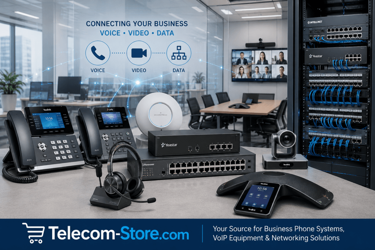 Modern business office featuring VoIP phones and managed network switch