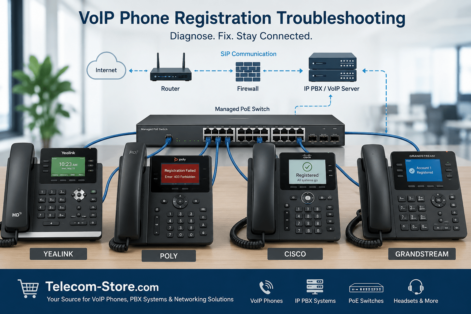 VoIP phones connected to a managed PoE switch during SIP registration troubleshooting