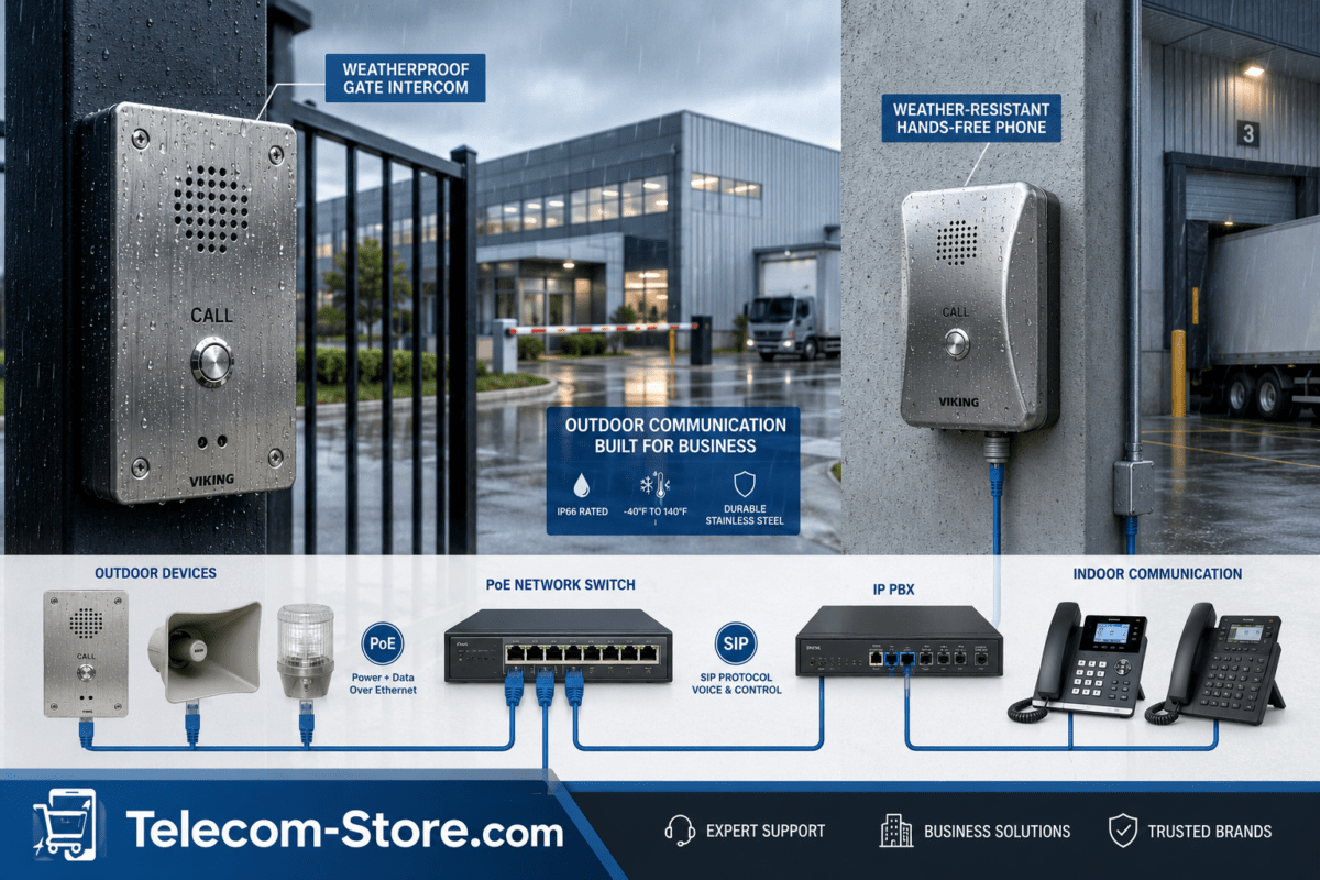 Weatherproof intercom installed at an outdoor business entrance