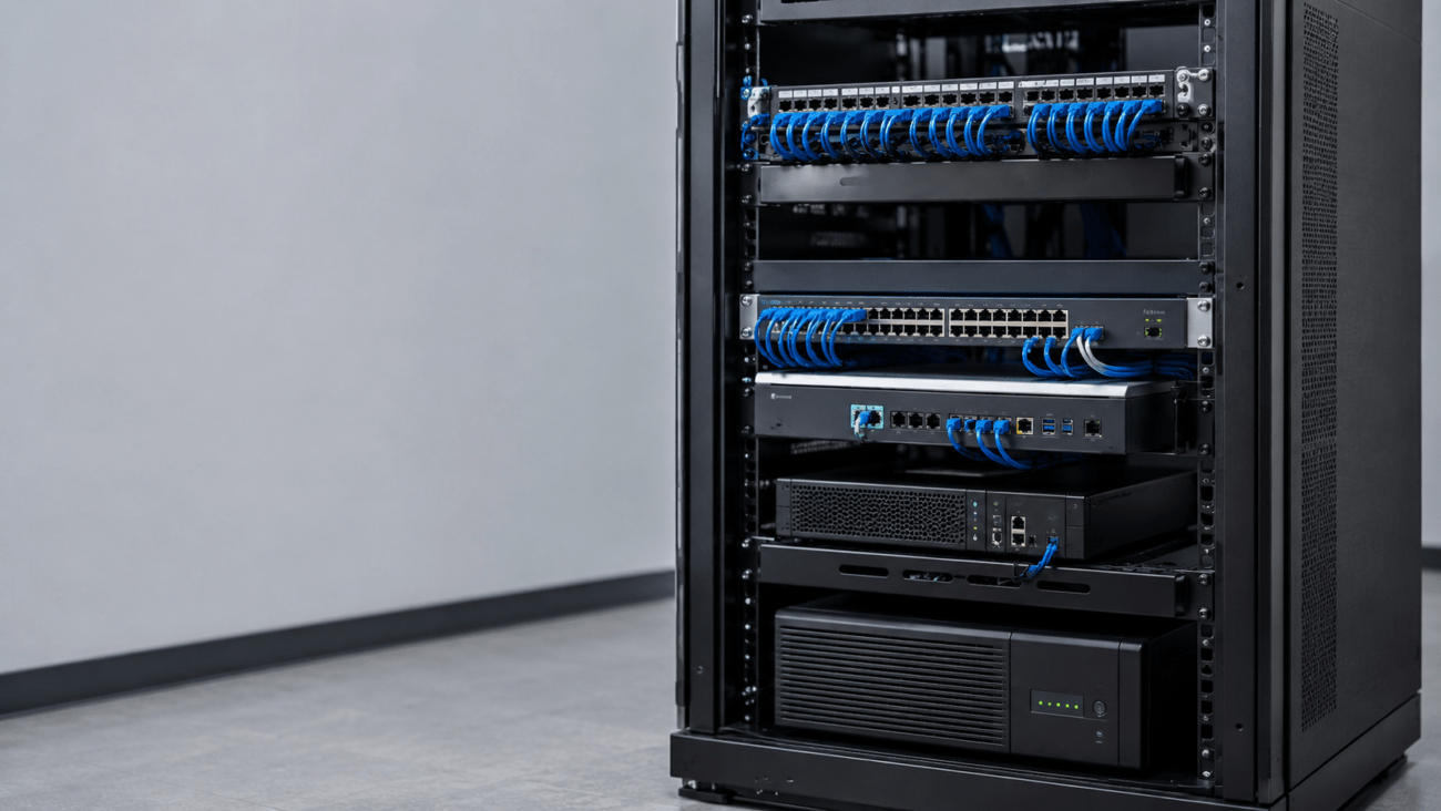 Business VoIP network rack with managed PoE switch, firewall, IP PBX, patch panels, Ethernet cabling, and UPS.