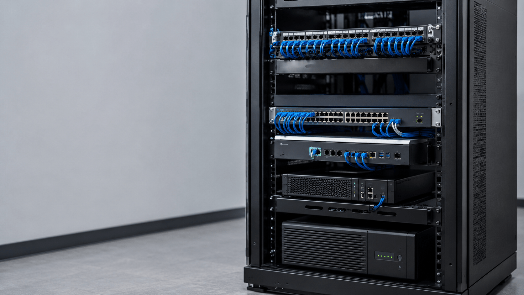 Business VoIP network rack with managed PoE switch, firewall, IP PBX, patch panels, Ethernet cabling, and UPS.