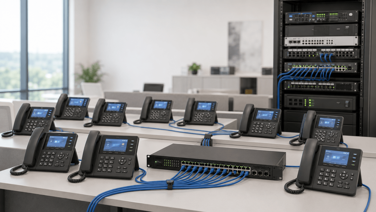 Multiple business VoIP phones connected to a managed PoE switch, illustrating how many IP phones a business network can support.