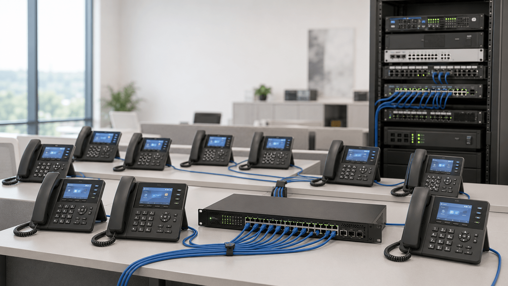 Multiple business VoIP phones connected to a managed PoE switch, illustrating how many IP phones a business network can support.