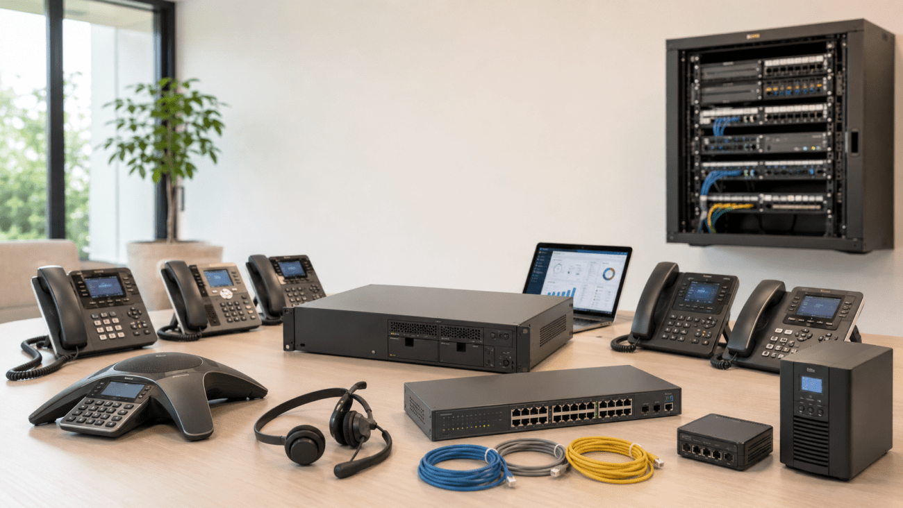 IP PBX business phone system with VoIP phones, managed PoE switch, firewall, UPS and network equipment illustrating total deployment cost.