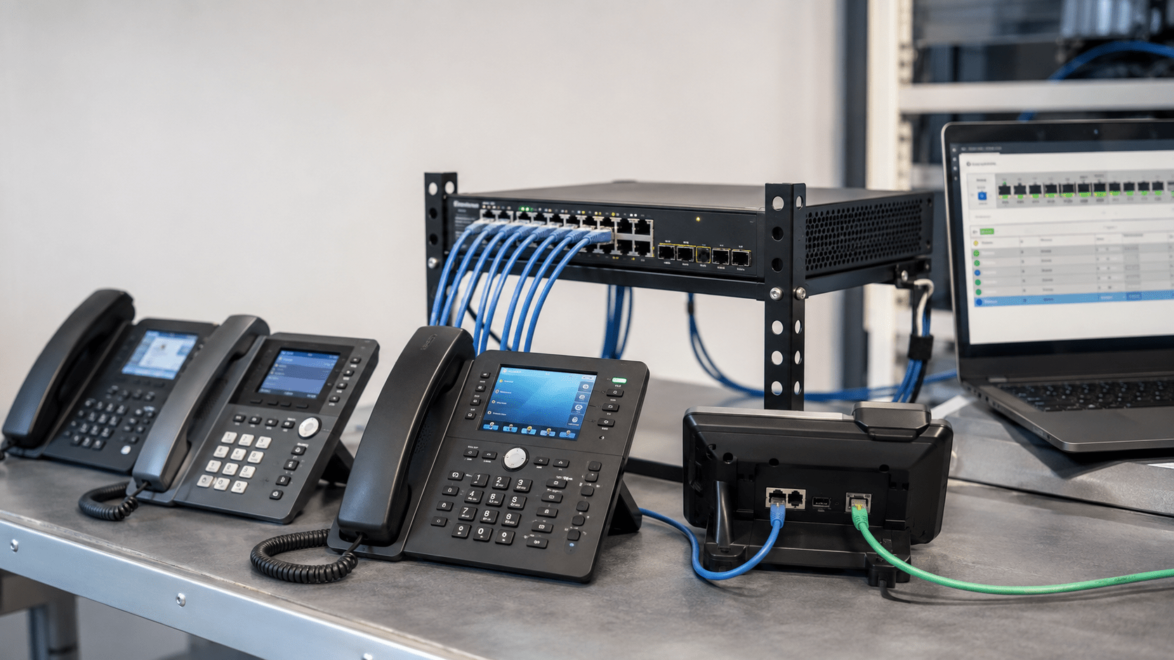 Managed PoE switch using LLDP-MED with business VoIP phones and separate voice and data VLAN connections.