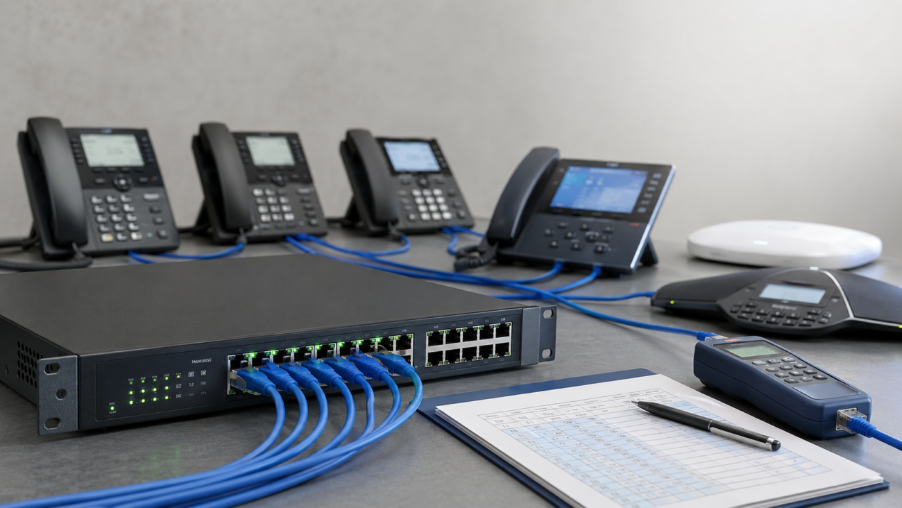 Managed PoE switch powering business VoIP phones and network devices for PoE budget planning.