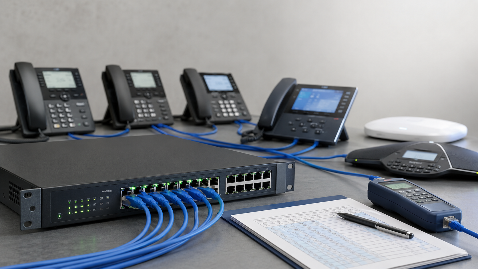 Managed PoE switch powering business VoIP phones and network devices for PoE budget planning.