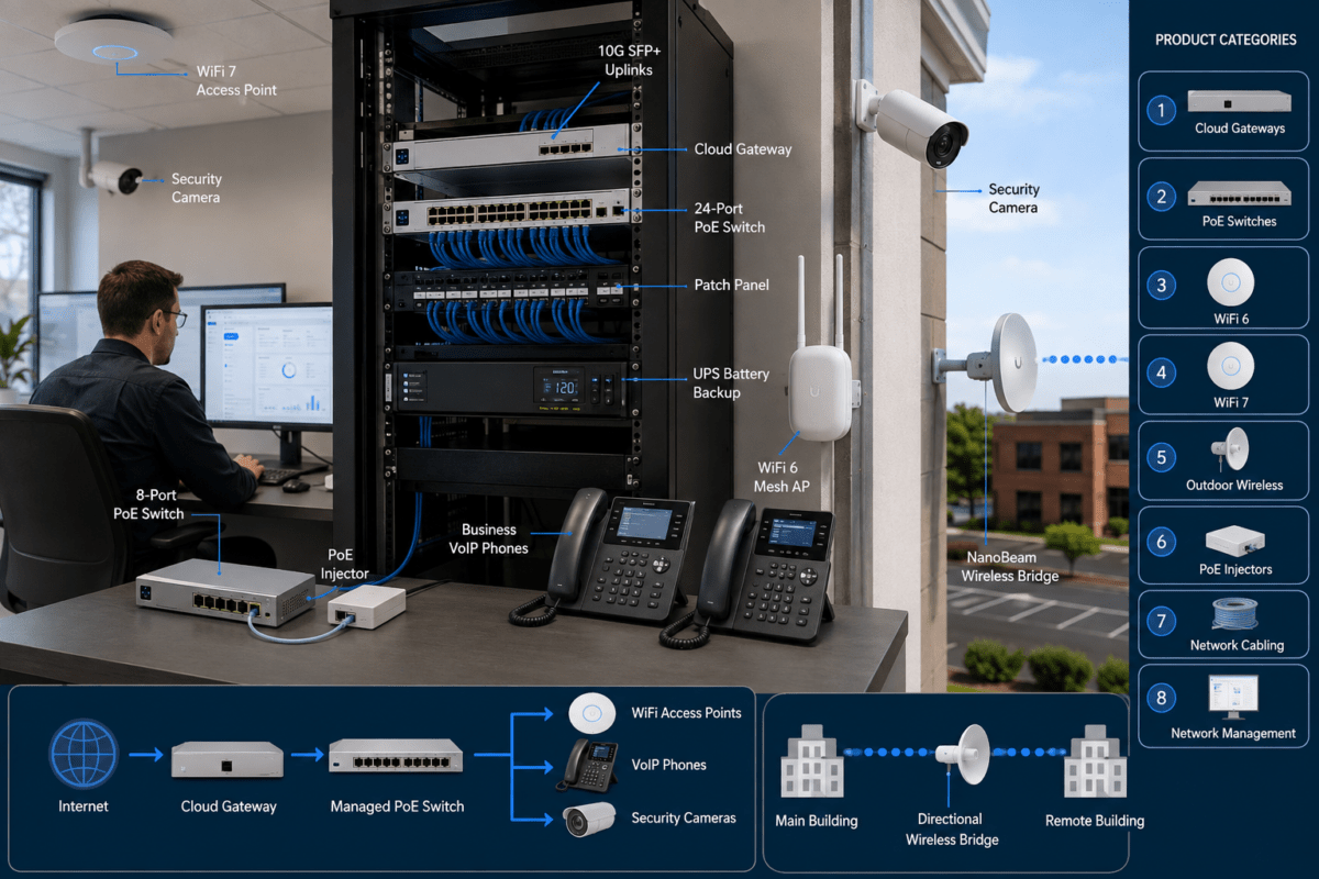 Ubiquiti business network with UniFi gateway, managed PoE switch, WiFi access points, VoIP phones, outdoor wireless bridge, and network rack.