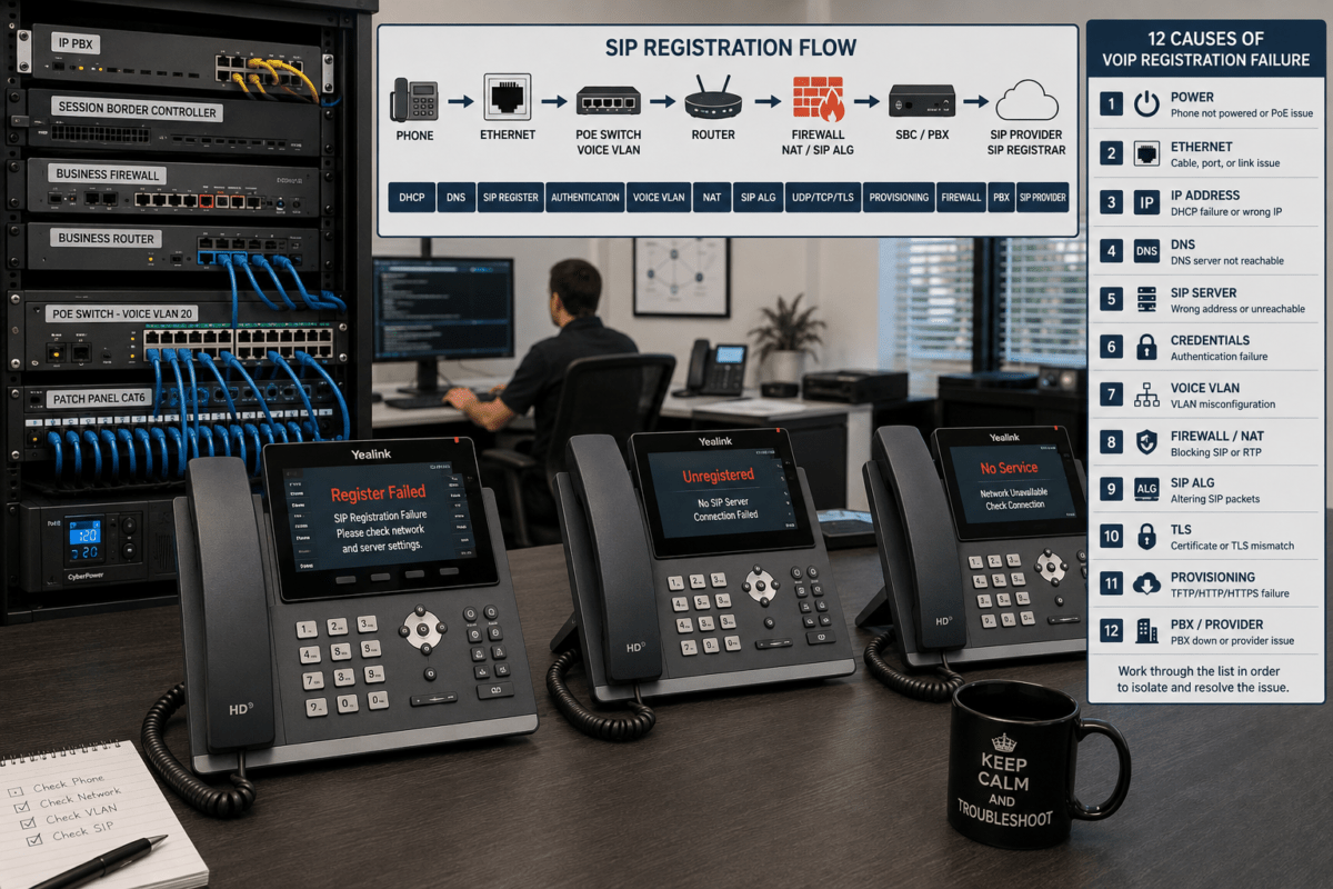 Business VoIP phone showing registration failure connected to a PoE switch, firewall, router, IP PBX, and SIP service for troubleshooting.
