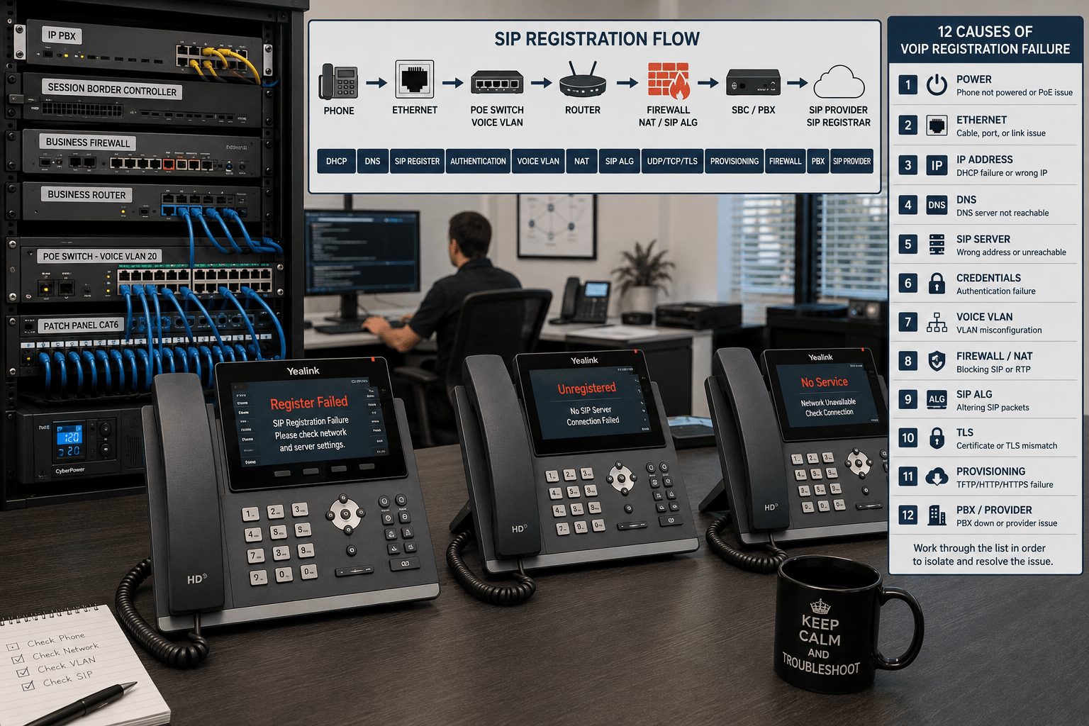 Business VoIP phone showing registration failure connected to a PoE switch, firewall, router, IP PBX, and SIP service for troubleshooting.