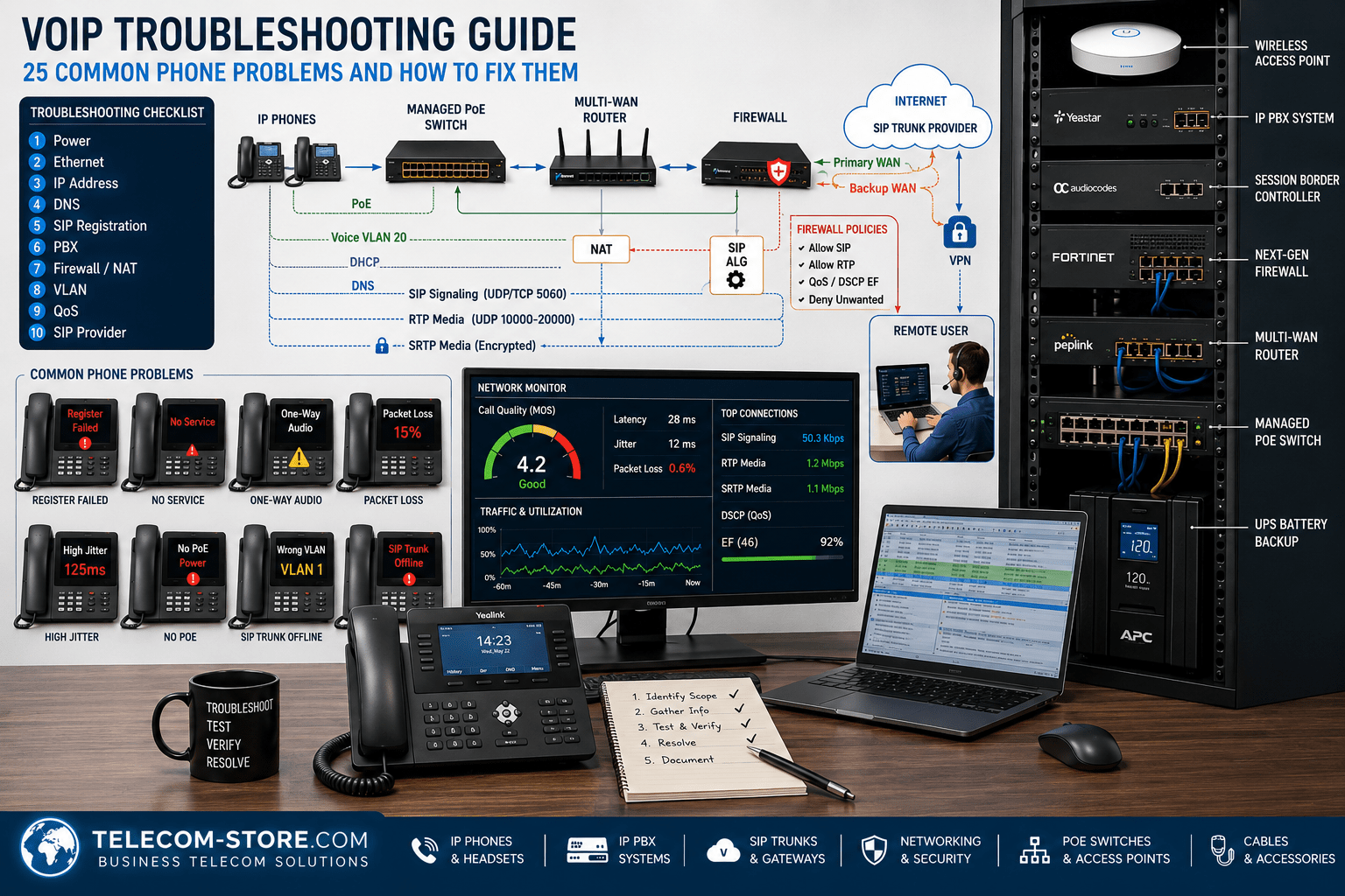 Business VoIP phone and network equipment illustrating troubleshooting for registration, call quality, PoE, SIP, VLAN, firewall and network problems.