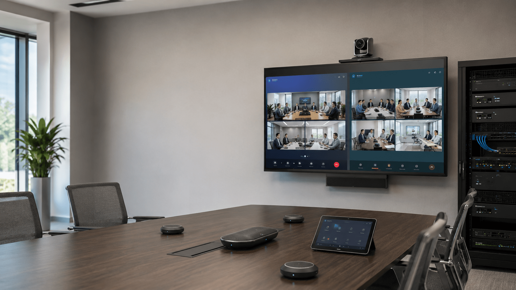 Business conference room with video conferencing equipment illustrating Zoom Rooms and Microsoft Teams Rooms interoperability.