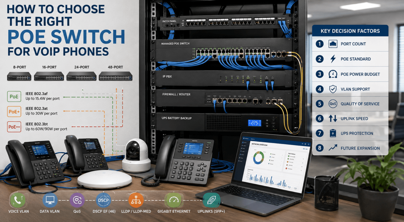 Managed PoE switch powering business VoIP phones with voice VLAN, QoS, UPS backup, and Ethernet network connections.