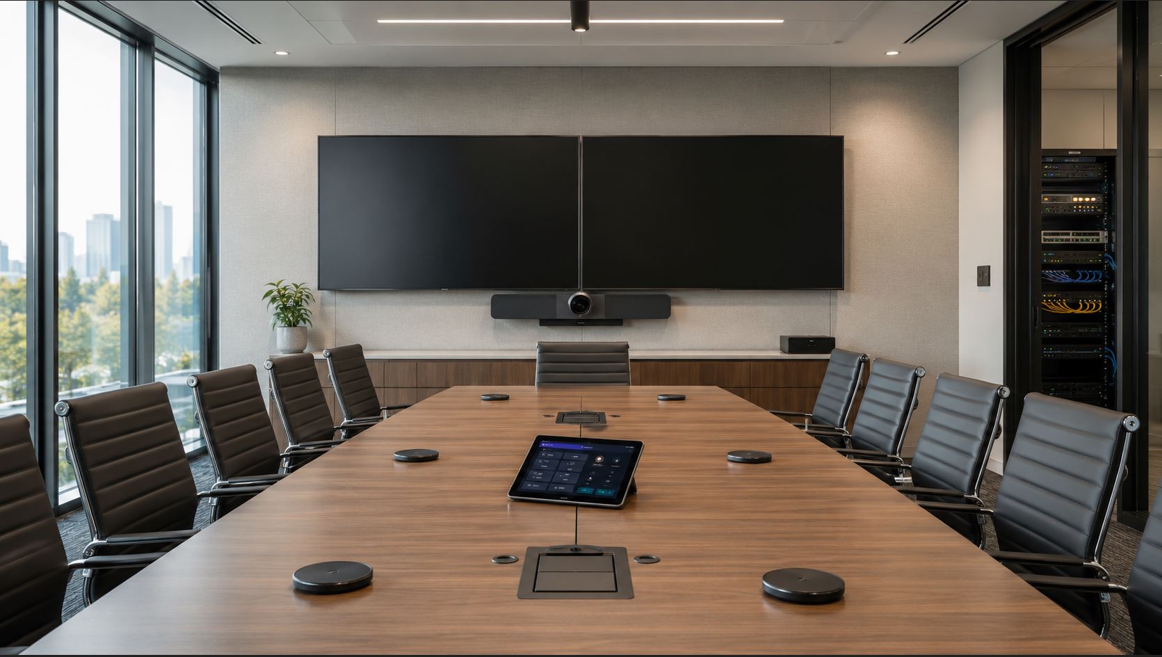 Modern business conference room with video conferencing camera, dual displays, microphones, and touchscreen room controller.