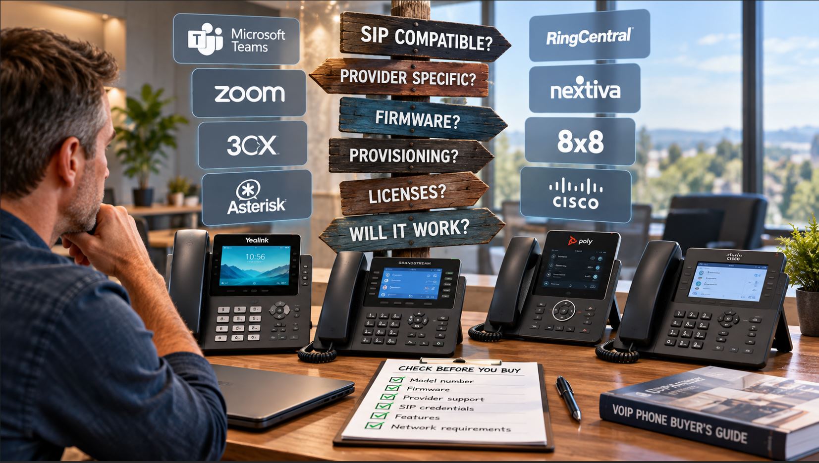 Business VoIP phones from Yealink, Poly, Grandstream and Cisco illustrating SIP phone and VoIP provider compatibility